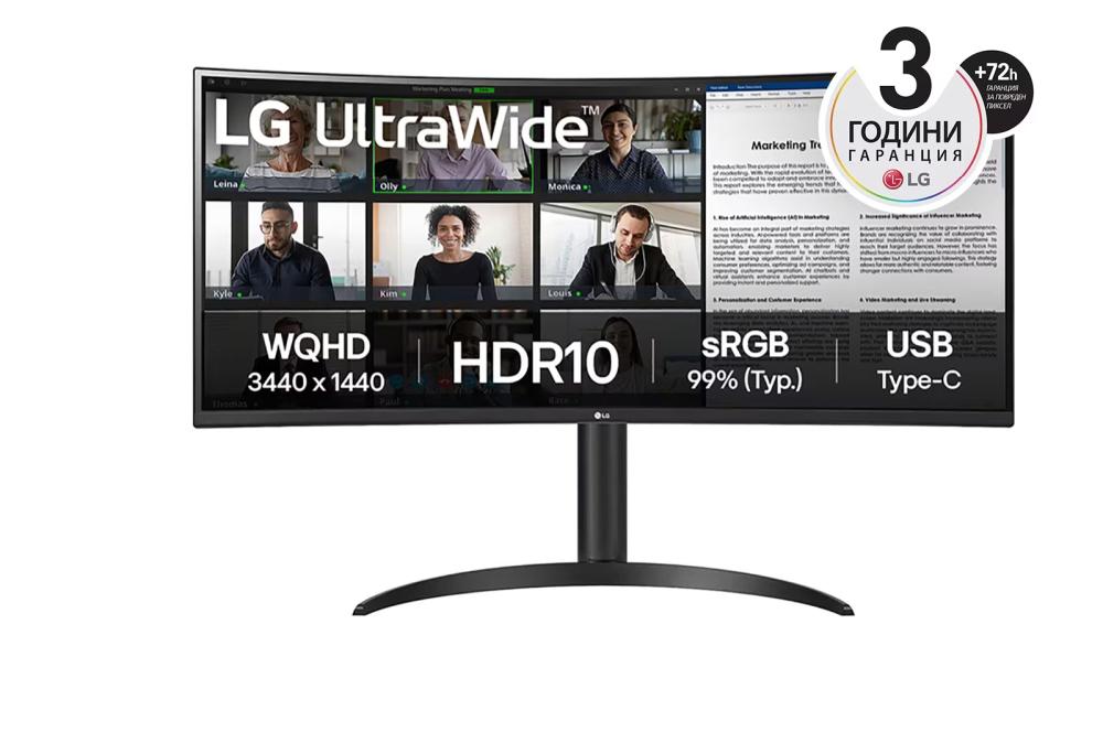 LG 34WR55QK-B 34" UltraWide AG , Curved 21:9 VA Panel, 5ms, 3000:1, 300 cd/m2, WQHD 3440x1440, HDR10, sRGB 99% , USB type-C 65W , 100Hz, HDMI, DisplayPort, PBP, Height Adjustable, Tilt, Reader Mode, Headphone Out, Black