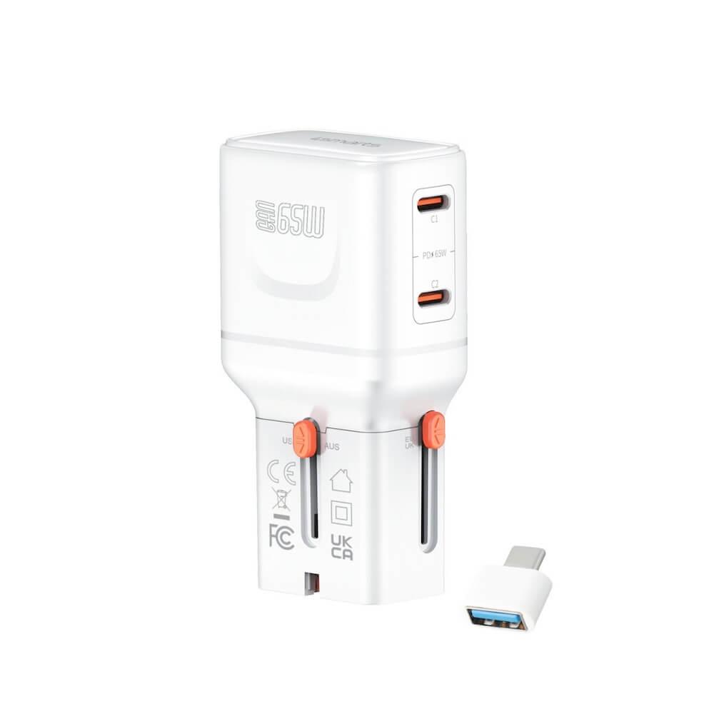 Захранване за ел. мрежа с 2xUSB-C изходи и преходници за цял свят в едно устройство - 4smarts Nomad GaN Universal World Travel Wall Charger 65W (бял) | JAR Computers Захранване за ел. мрежа с 2xUSB-C изходи и преходници за цял свят в едно устройство - 4smarts Nomad GaN Universal World Travel Wall Charger 65W (бял)