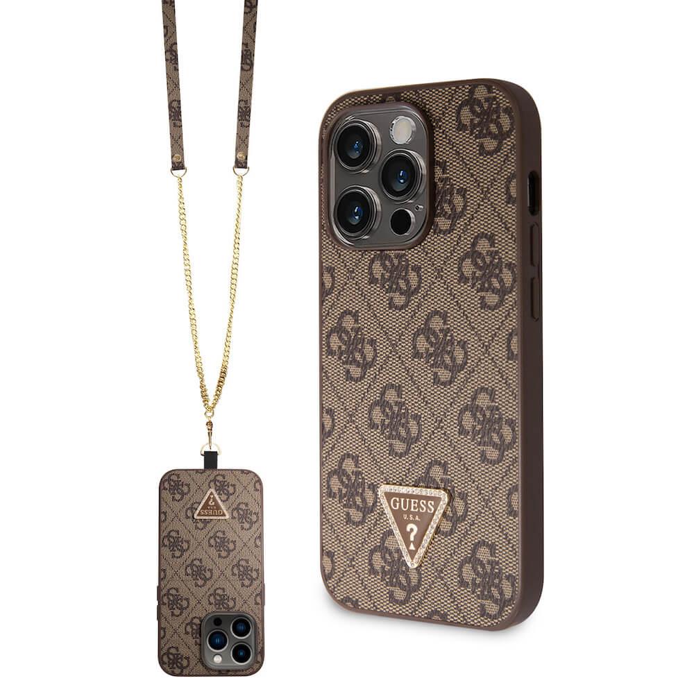 Дизайнерски кожен кейс с връзка за носене през врата за iPhone 15 Pro - Guess PU 4G Strass Triangle Metal Logo Case With Crossbody Strap (кафяв) | JAR Computers Дизайнерски кожен кейс с връзка за носене през врата за iPhone 15 Pro - Guess PU 4G Strass Triangle Metal Logo Case With Crossbody Strap (кафяв)