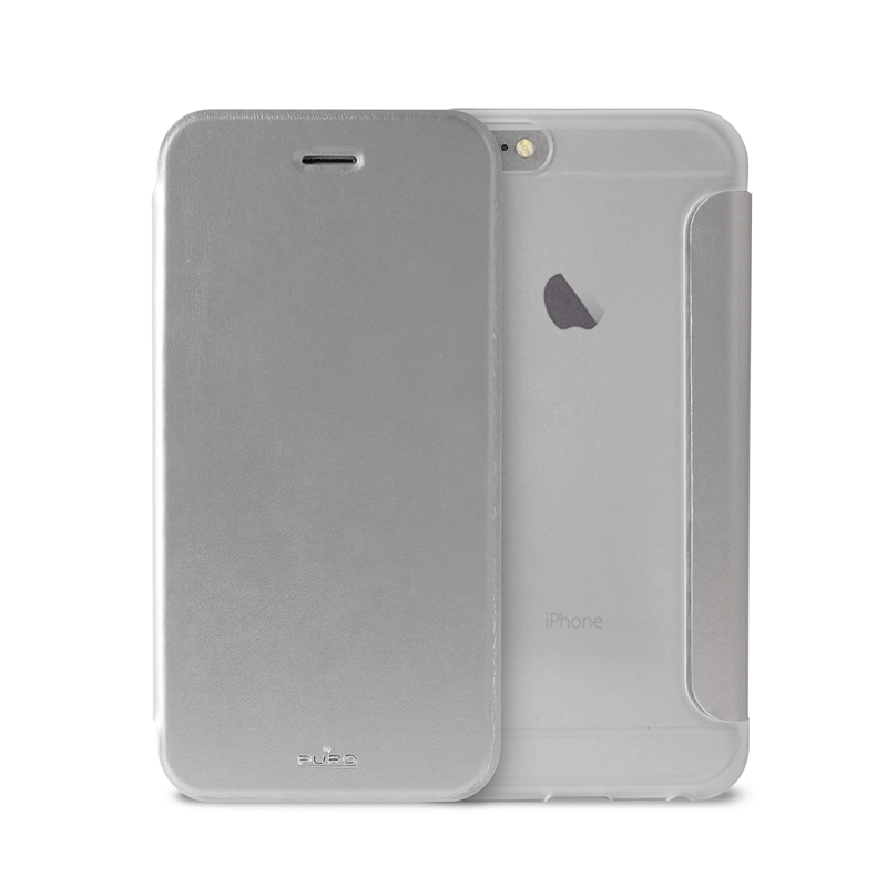 Кожен флип калъф и стойка за iPhone 6 Plus, iPhone 6S Plus - Puro Wallet Booklet (сребрист) | JAR Computers Кожен флип калъф и стойка за iPhone 6 Plus, iPhone 6S Plus - Puro Wallet Booklet (сребрист)