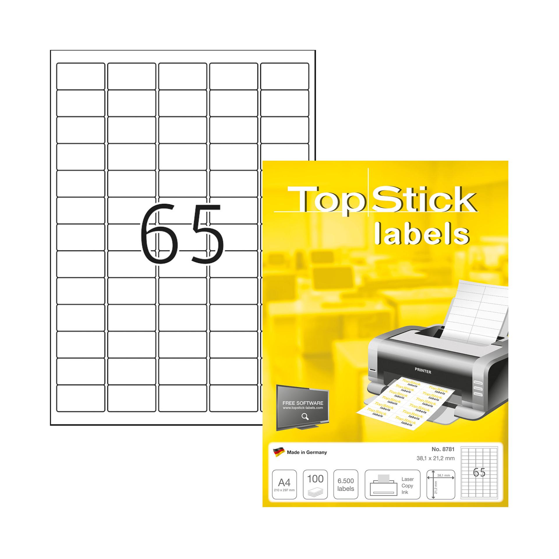 Top Stick Самозалепващи етикети, A4, 38.1 х 21.2 mm, 65 броя, 100 листа