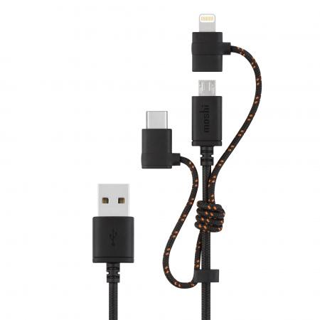 Универсален USB кабел с Lightning, microUSB и USB-C конектори (1 метър) - Moshi 3-in-1 Universal Charging Cable (черен) | JAR Computers Универсален USB кабел с Lightning, microUSB и USB-C конектори (1 метър) - Moshi 3-in-1 Universal Charging Cable (черен)