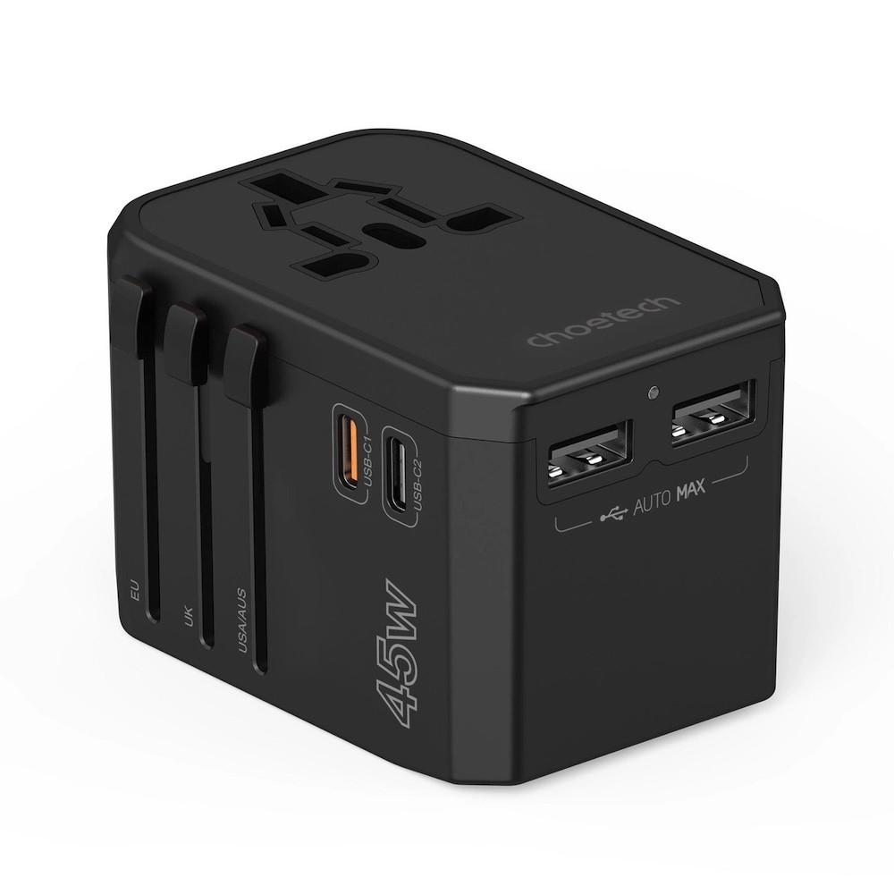 Захранване с 1xUSB-C и 2xUSB-A изхода и преходници за цял свят в едно устройство за мобилни устройства - Choetech PD6045 Universal GaN World Travel Adapter 45W (черен) | JAR Computers Захранване с 1xUSB-C и 2xUSB-A изхода и преходници за цял свят в едно устройство за мобилни устройства - Choetech PD6045 Universal GaN World Travel Adapter 45W (черен)