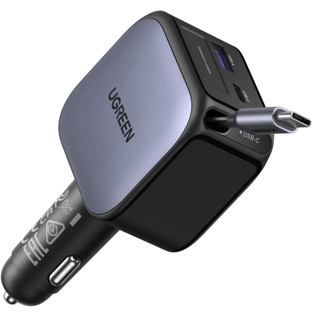 Зарядно за кола с вграден USB-C кабел и USB-A и USB-C изходи - Ugreen EC602 3 in 1 Fast Car Charger With USB-C Cable 60W (черен) | JAR Computers Зарядно за кола с вграден USB-C кабел и USB-A и USB-C изходи - Ugreen EC602 3 in 1 Fast Car Charger With USB-C Cable 60W (черен)
