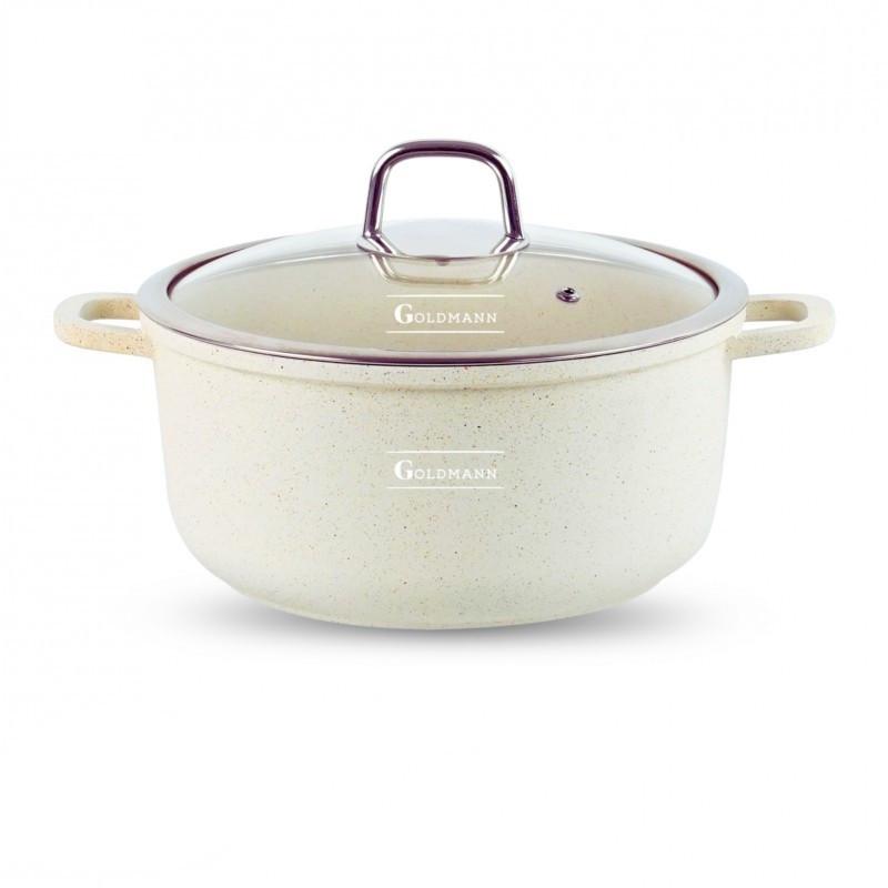 Тенджера Goldmann GM-0320B, 2.3 л, 20 см, Мраморно покритие, Стъклен капак с отвор за пара, Индукция, Бежов