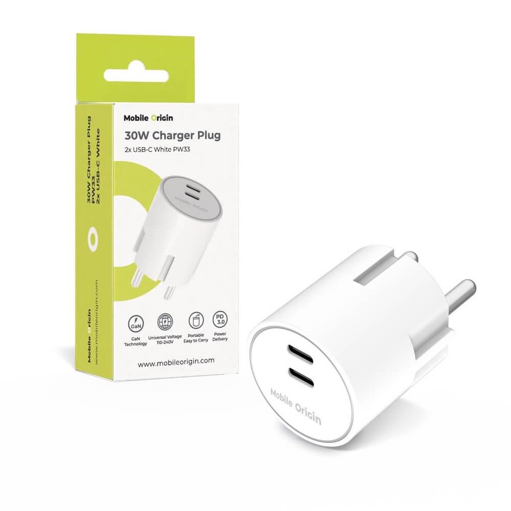 Захранване за ел. мрежа с 2xUSB-C изхода и с технология за бързо зареждане - Mobile Origin PW33 GaN Dual PD Fast Wall Charger 30W (бял) | JAR Computers Захранване за ел. мрежа с 2xUSB-C изхода и с технология за бързо зареждане - Mobile Origin PW33 GaN Dual PD Fast Wall Charger 30W (бял)