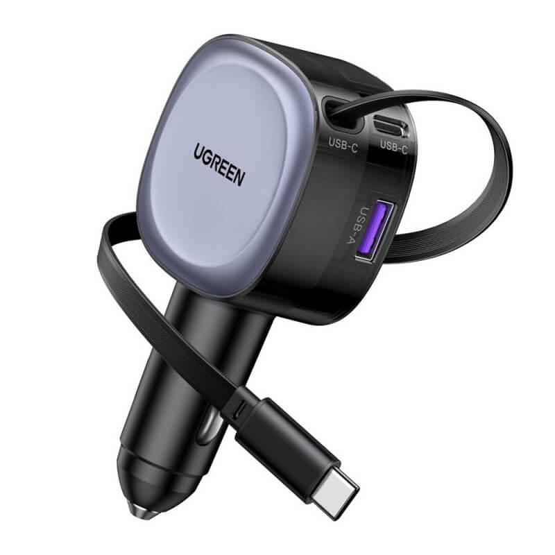 Зарядно за кола с вграден USB-C кабел и USB-A и USB-C изходи - Ugreen EC601 3 in 1 Fast Car Charger With USB-C Cable 75W (черен) | JAR Computers Зарядно за кола с вграден USB-C кабел и USB-A и USB-C изходи - Ugreen EC601 3 in 1 Fast Car Charger With USB-C Cable 75W (черен)