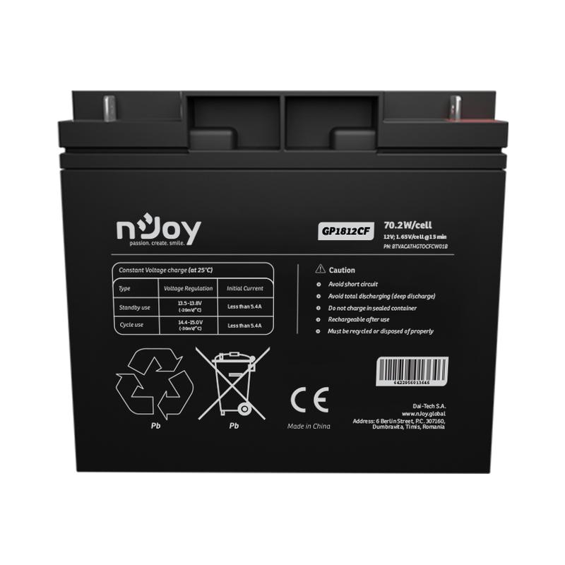 Батерия 12V 70,2W/cell - 18Ah Тип VRLA без поддръжка T3 конектор - NJOY GP1812CF | JAR Computers Батерия 12V 70,2W/cell - 18Ah Тип VRLA без поддръжка T3 конектор - NJOY GP1812CF