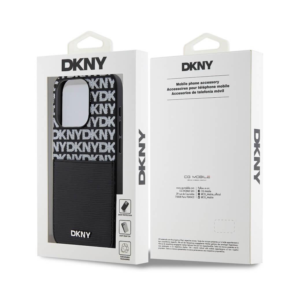 Дизайнерски кожен кейс с джоб за кредитна карта за iPhone 15 Pro Max - DKNY Repeat Pattern Card Pocket Leather Hard Case (черен) | JAR Computers Дизайнерски кожен кейс с джоб за кредитна карта за iPhone 15 Pro Max - DKNY Repeat Pattern Card Pocket Leather Hard Case (черен)