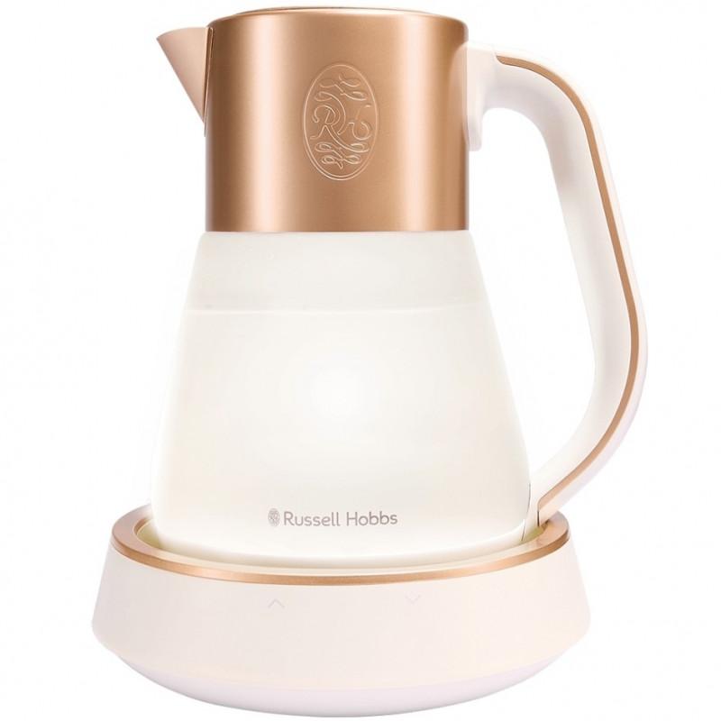 Електрическа кана Russell Hobbs Calm Kettle 27450-70, 2400W, 1.7 л, 40-100°C, Quiet Boil, Сензорни бутони, Звукови сигнали, 6 променящи се цветове, Защити, Без BPA и PFAS, Бял/златист
