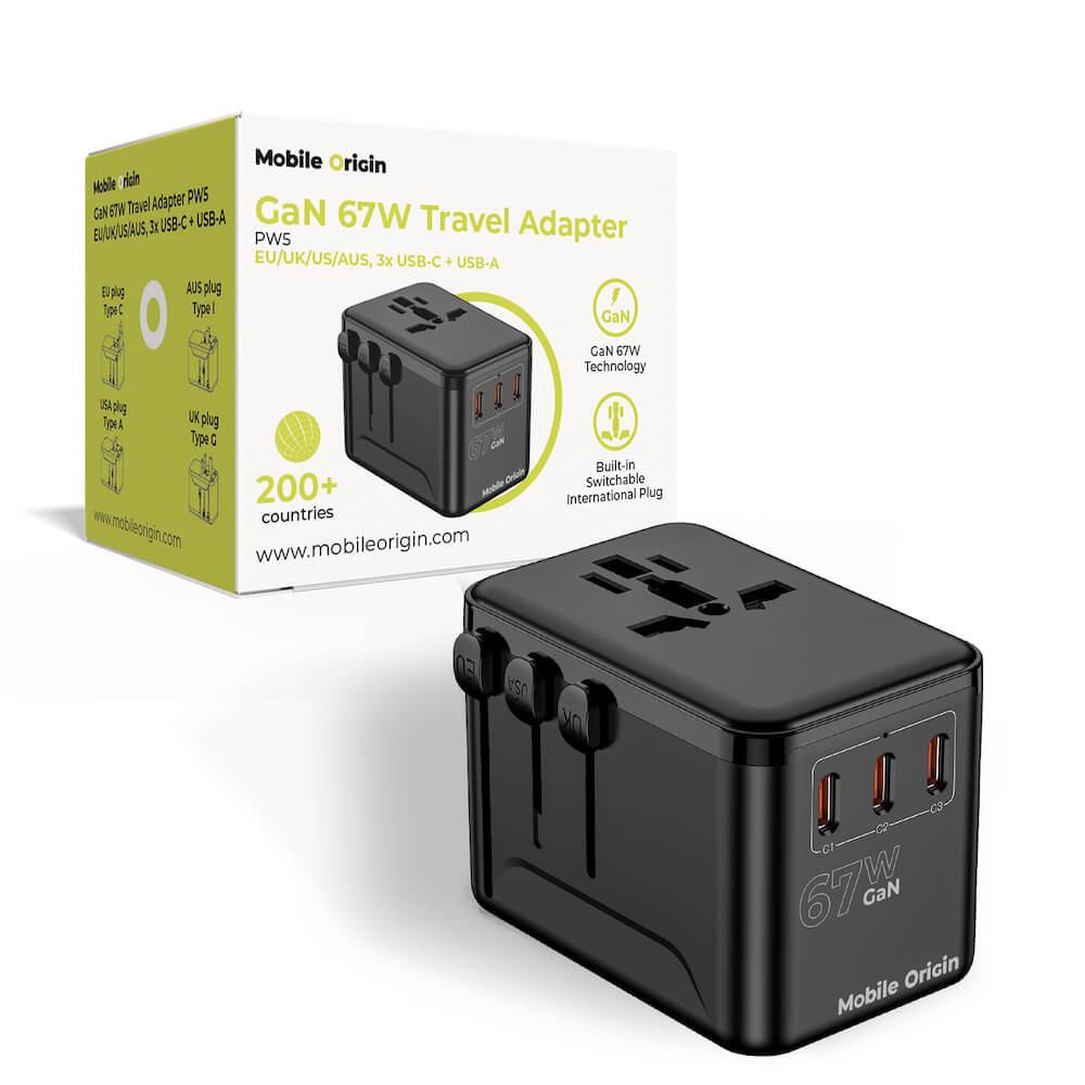 Захранване с 3xUSB-C и 1xUSB-A изхода и преходници за цял свят в едно устройство за мобилни устройства - Mobile Origin PW5 Multifunctional Travel Wall Charger GaN 67W (черен) | JAR Computers Захранване с 3xUSB-C и 1xUSB-A изхода и преходници за цял свят в едно устройство за мобилни устройства - Mobile Origin PW5 Multifunctional Travel Wall Charger GaN 67W (черен)