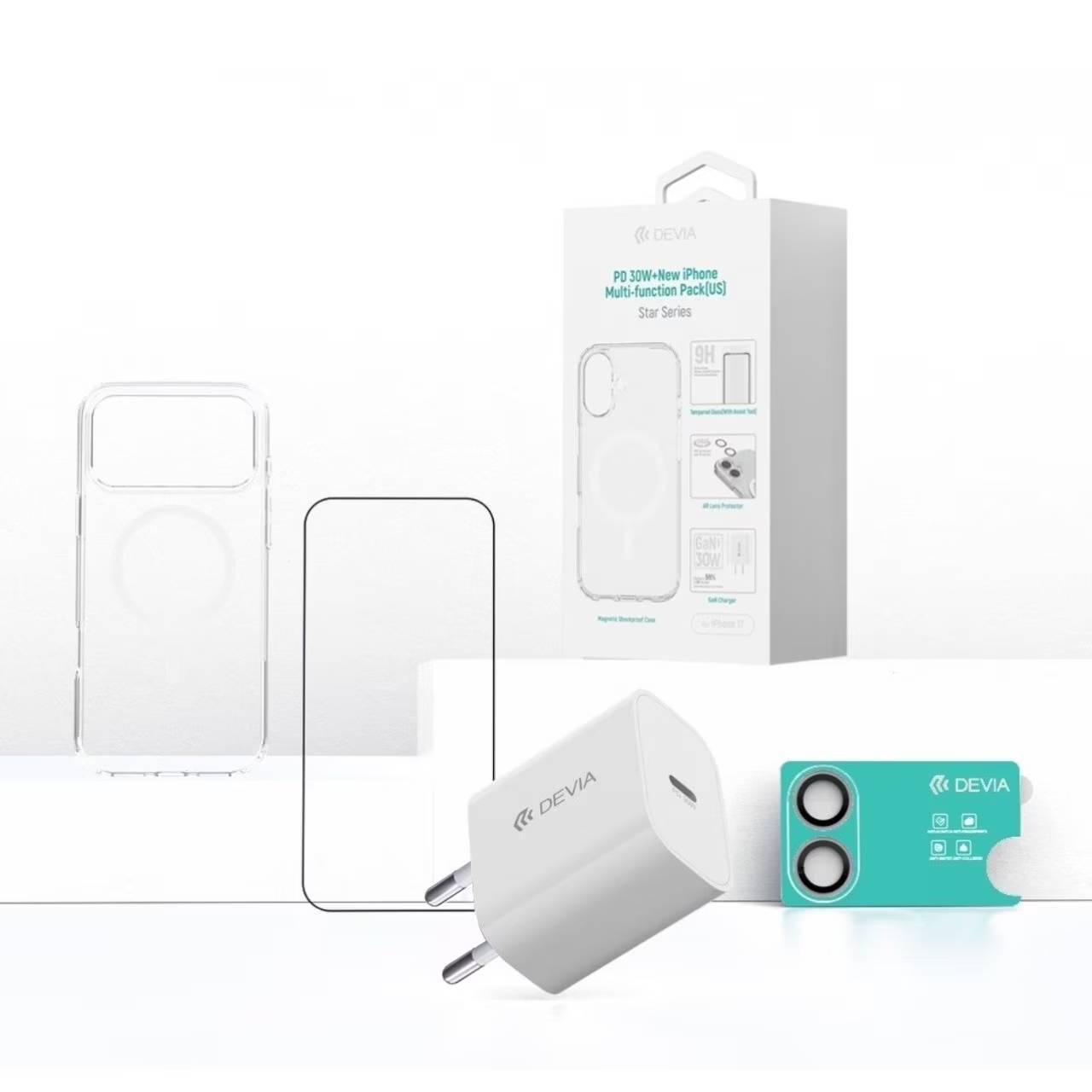 Devia 4-в-1 комплект за iPhone 17 с 30W GaN PD зарядно, MagSafe калъф и стъклени протектори | JAR Computers Devia 4-в-1 комплект за iPhone 17 с 30W GaN PD зарядно, MagSafe калъф и стъклени протектори