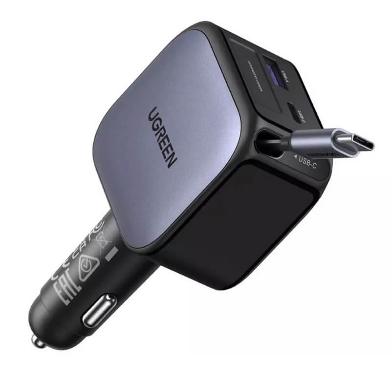 Зарядно за кола с вграден USB-C кабел и USB-A и USB-C изходи - Ugreen EC603 3 in 1 Fast Car Charger With USB-C Cable 90W (черен) | JAR Computers Зарядно за кола с вграден USB-C кабел и USB-A и USB-C изходи - Ugreen EC603 3 in 1 Fast Car Charger With USB-C Cable 90W (черен)