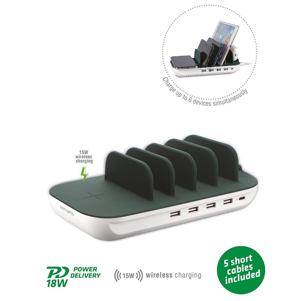 Док станция с 4xUSB и 1xUSB-C гнезда и пад за безжично зареждане - 4smarts Charging Station Family Evo 63W (бял-зелен) | JAR Computers Док станция с 4xUSB и 1xUSB-C гнезда и пад за безжично зареждане - 4smarts Charging Station Family Evo 63W (бял-зелен)