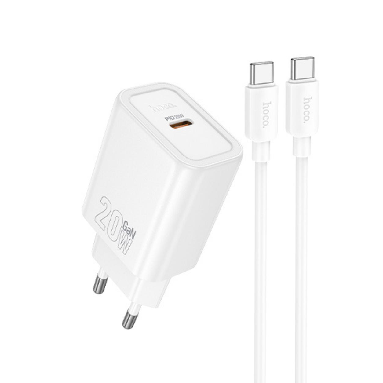 HOCO 220V 20W, GaN, USB-C + кабел Type-C - Type-C, Gentle /бял/ - N60 | JAR Computers HOCO 220V 20W, GaN, USB-C + кабел Type-C - Type-C, Gentle /бял/ - N60