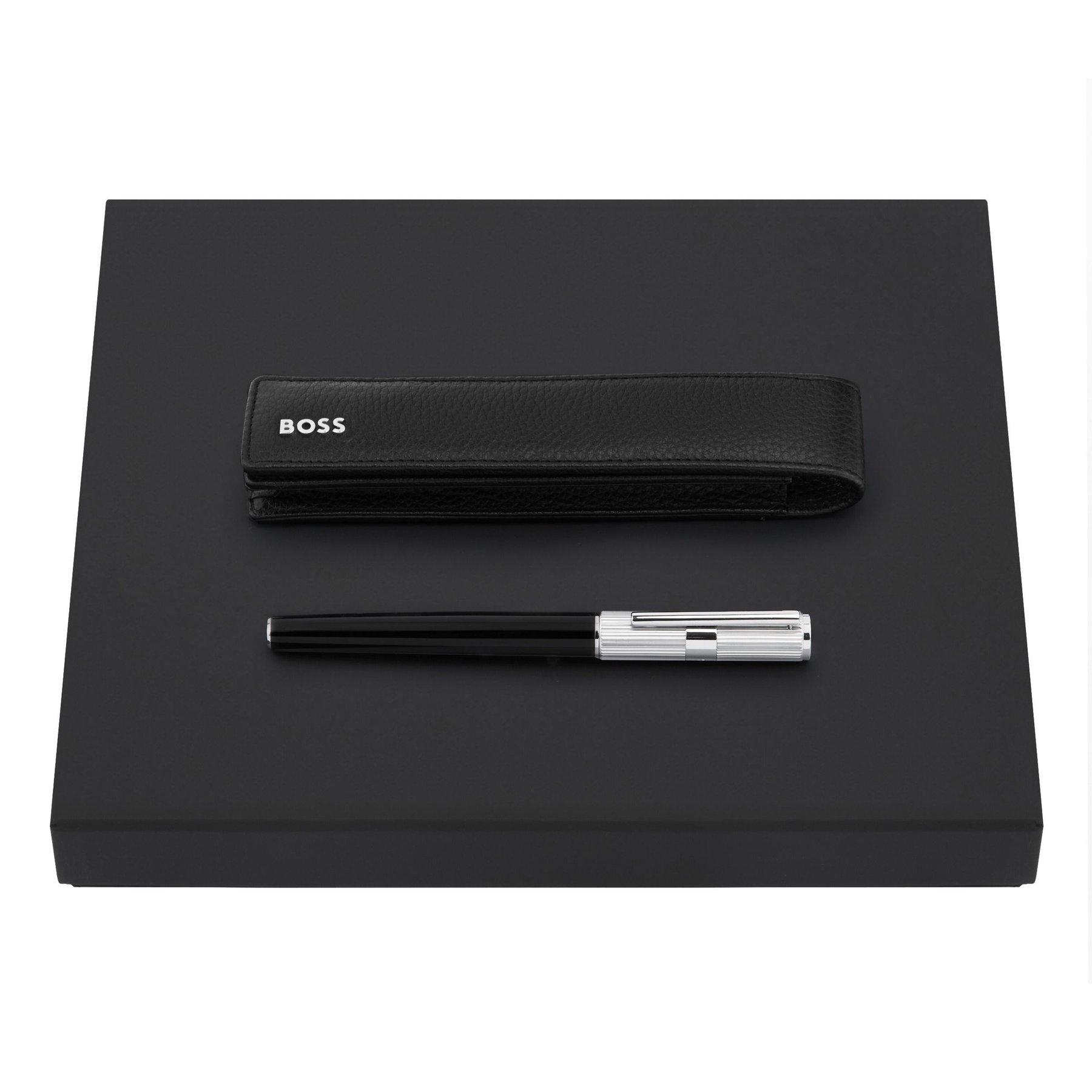 Hugo Boss Комплект калъф Classic Grained, за едно пишещо средство, черен и писалка Formation, сребриста | JAR Computers Hugo Boss Комплект калъф Classic Grained, за едно пишещо средство, черен и писалка Formation, сребриста