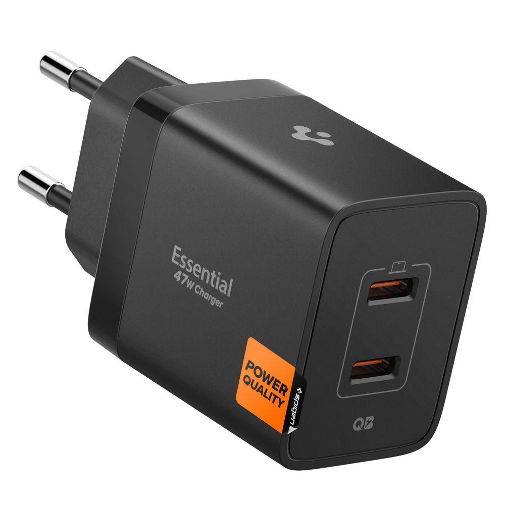 Захранване за ел. мрежа с 2xUSB-C PD изходи с технология за бързо зареждане - Spigen ArcStation Essential Dual USB-C Wall Charger 47W (черен) | JAR Computers Захранване за ел. мрежа с 2xUSB-C PD изходи с технология за бързо зареждане - Spigen ArcStation Essential Dual USB-C Wall Charger 47W (черен)