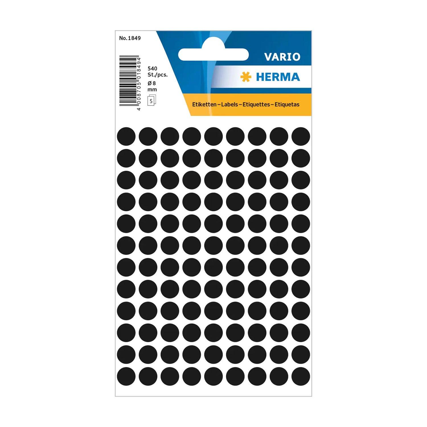 Herma Самозалепващи се етикети, кръгли, диаметър 8 mm, 108 броя на лист, 5 листа, черни