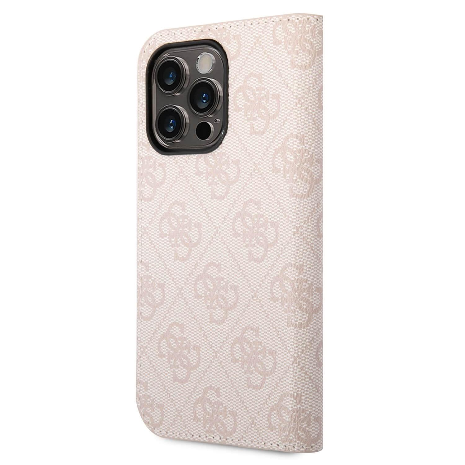 Дизайнерски кожен калъф, тип портфейл за iPhone 14 Pro Max - Guess 4G Metal Camera Outline Book Case (розов) | JAR Computers Дизайнерски кожен калъф, тип портфейл за iPhone 14 Pro Max - Guess 4G Metal Camera Outline Book Case (розов)