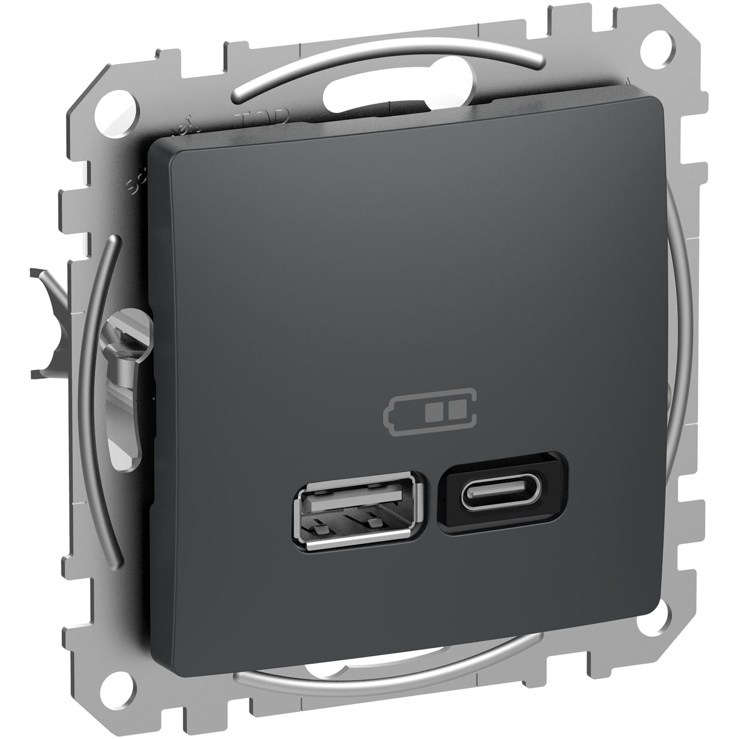 Розетка 2x USB тип A+C 3A 45W Power Delivery Антрацит - SCHNEIDER ELECTRIC Sedna Design SDD114404 | JAR Computers Розетка 2x USB тип A+C 3A 45W Power Delivery Антрацит - SCHNEIDER ELECTRIC Sedna Design SDD114404