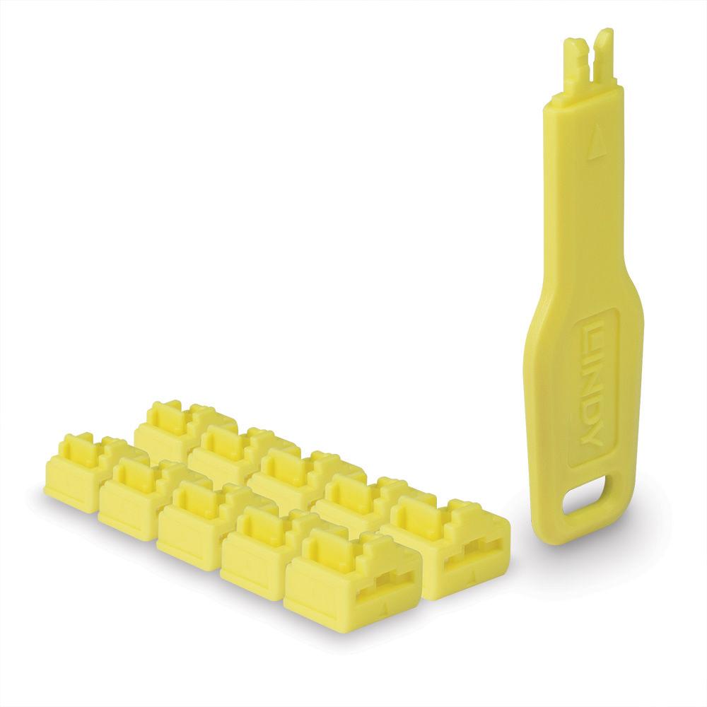 LINDY LNY-47900 :: RJ-45 порт блокер, 10 бр. + 1 ключ, жълт