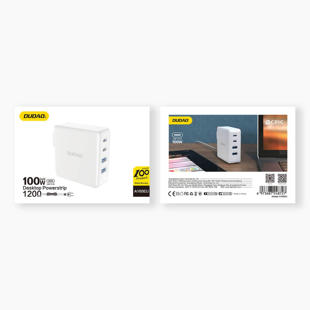 Захранване за ел. мрежа за лаптопи, смартфони и таблети с 2xUSB-A и 2xUSB-C изходи с технология за бързо зарежданe - Dudao A100EU GaN Desktop Charger PD 100W (бял) | JAR Computers Захранване за ел. мрежа за лаптопи, смартфони и таблети с 2xUSB-A и 2xUSB-C изходи с технология за бързо зарежданe - Dudao A100EU GaN Desktop Charger PD 100W (бял)