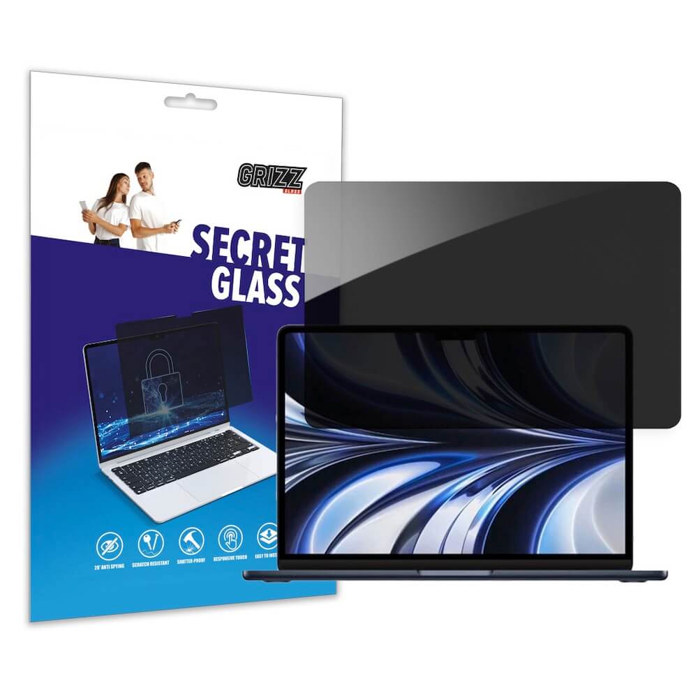 GrizzGlass SecretGlass Privacy Tempered Glass Protector - хибридно защитно покритие с определен ъгъл на виждане за дисплея на MacBook Air 15 M2 (2023) (прозрачен)