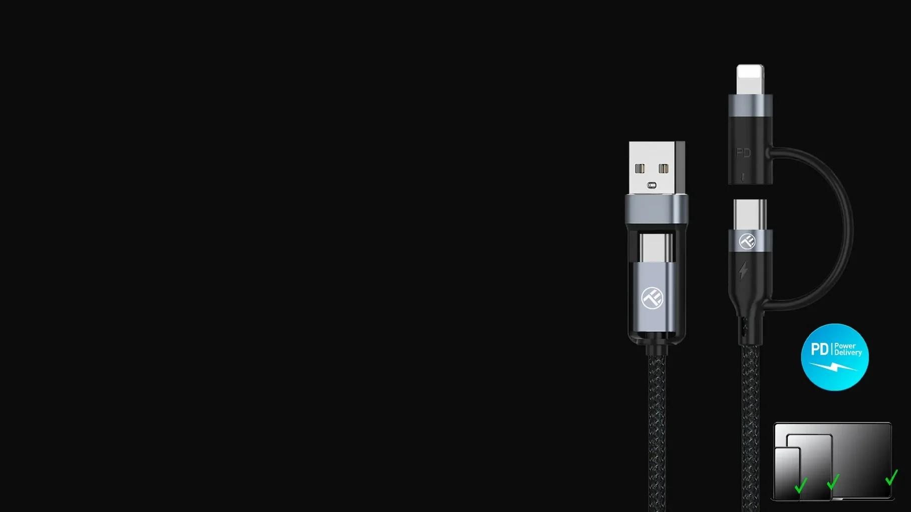 Tellur TLL155411 кабел за данни 4 в 1 USB-A/USB-C към USB-C/Lightning, 1 м, черен | JAR Computers Tellur TLL155411 кабел за данни 4 в 1 USB-A/USB-C към USB-C/Lightning, 1 м, черен