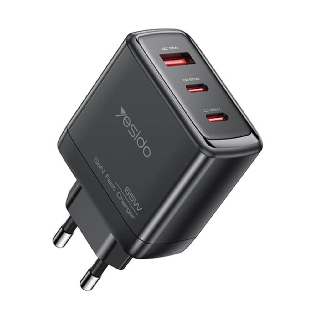 Захранване за ел. мрежа за лаптопи, смартфони и таблети с USB-A и 2xUSB-C изходи с технология за бързо зареждане - Yesido YC144 GaN Fast Wall Charger 65W (черен) | JAR Computers Захранване за ел. мрежа за лаптопи, смартфони и таблети с USB-A и 2xUSB-C изходи с технология за бързо зареждане - Yesido YC144 GaN Fast Wall Charger 65W (черен)