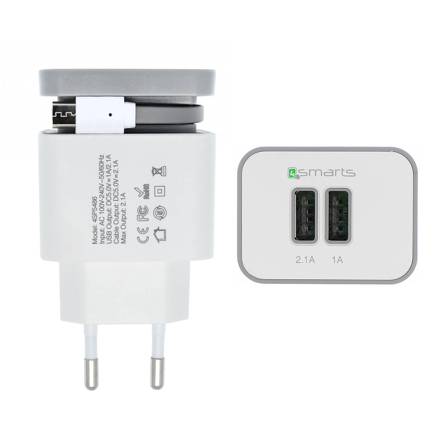 4smarts Wall Stand Charger 5.2A - USB захранване с вграден MicroUSB кабел и 2 USB изхода (бял-сив) | JAR Computers 4smarts Wall Stand Charger 5.2A - USB захранване с вграден MicroUSB кабел и 2 USB изхода (бял-сив)