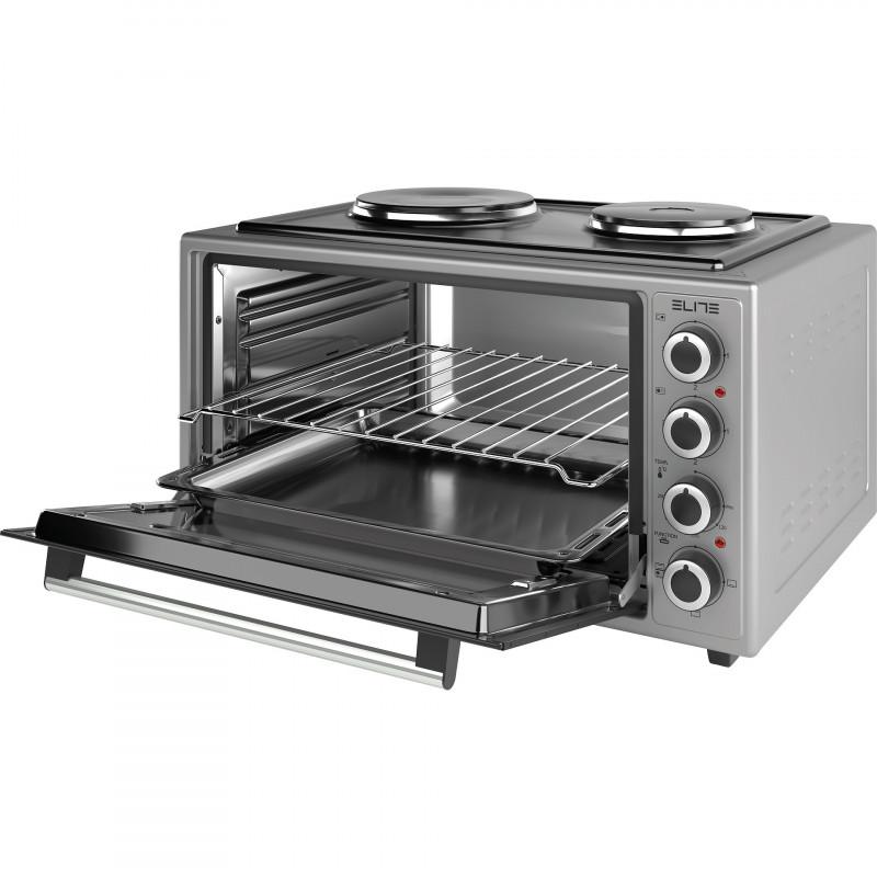 Малка готварска печка Elite EMO-48302G, 2000W, 48 л, 3 функции, Двойно стъкло, Термостат, Таймер, Инокс | JAR Computers Малка готварска печка Elite EMO-48302G, 2000W, 48 л, 3 функции, Двойно стъкло, Термостат, Таймер, Инокс
