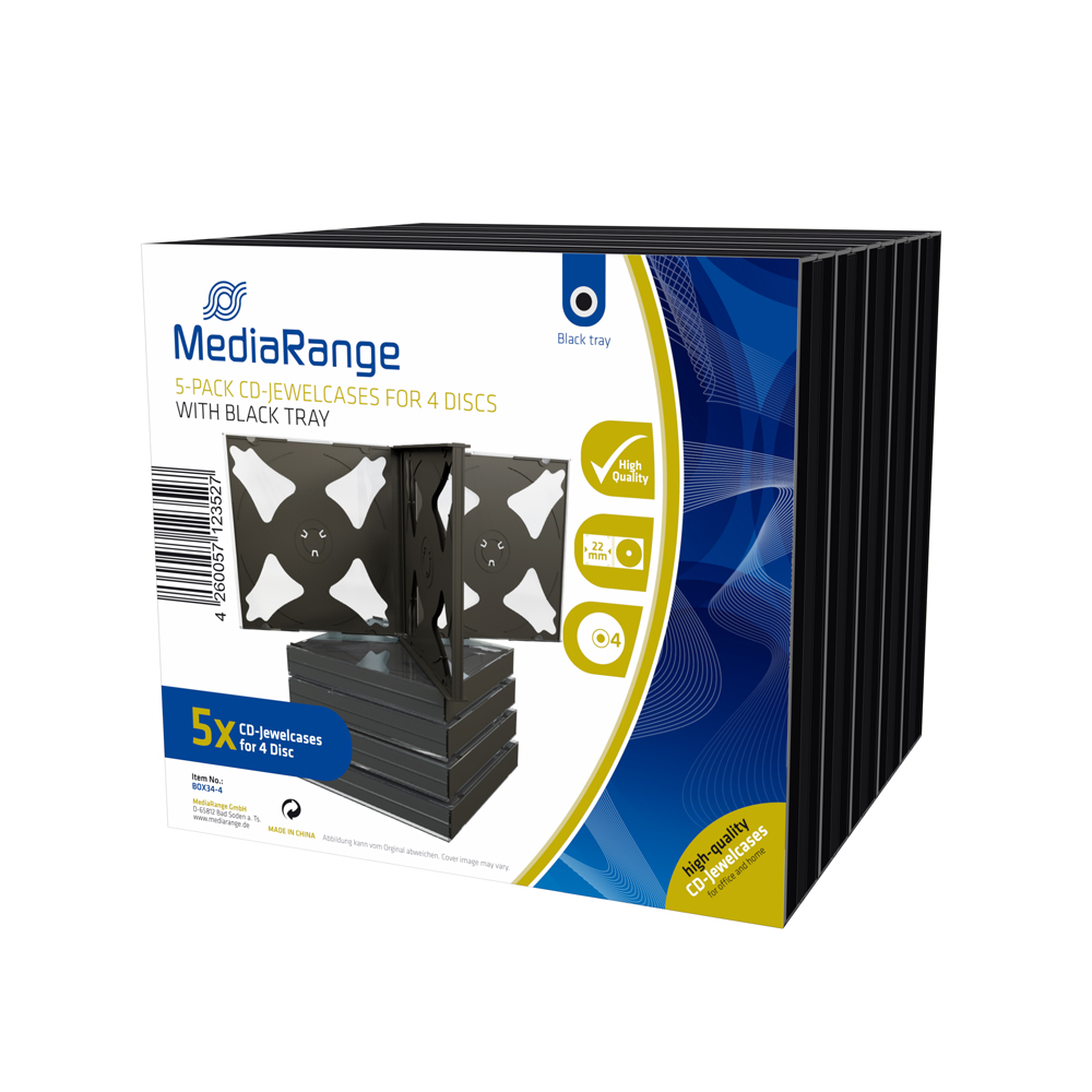 MediaRange CD Jewelcase for 4 discs 22mm Black Pack 5 (MRBOX34-4) | JAR Computers MediaRange CD Jewelcase for 4 discs 22mm Black Pack 5 (MRBOX34-4)