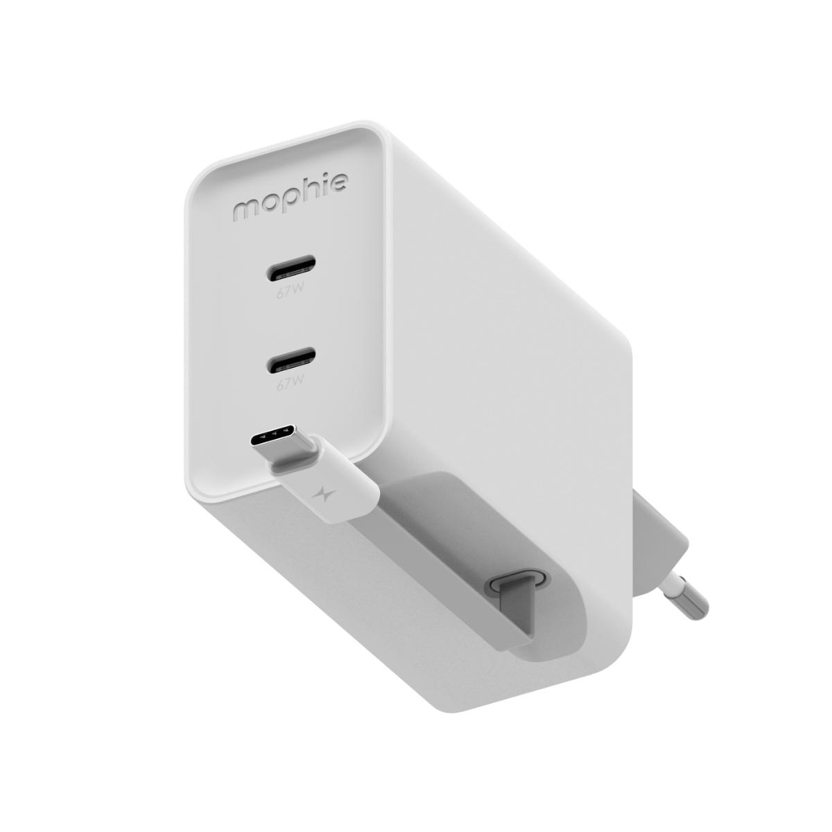 Зарядно с вграден кабел mophie GaN USB-C Dual 67W and cable (70cm) , White