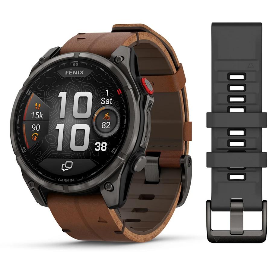 fēnix® 8 Pro – 47 мм, AMOLED - fēnix® 8 Pro – 47 mm, AMOLED, Sapphire - Carbon grey DLC titanium с Chestnut кожена каишка