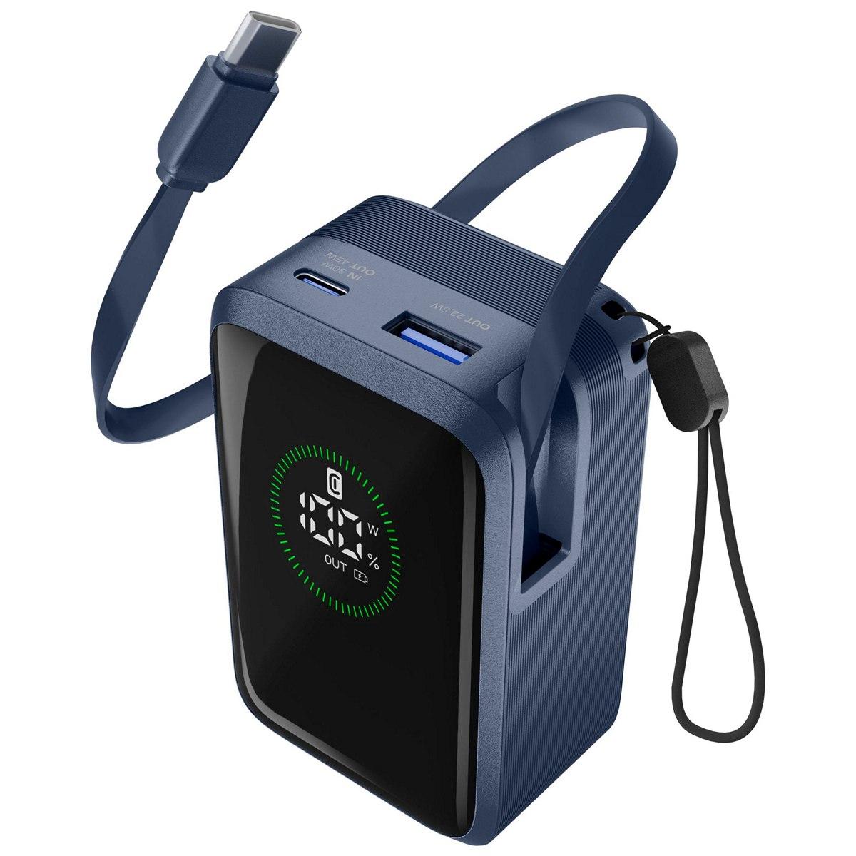Външна батерия ROLLER 10000 mAh 45W, ролетен кабел, LED дисплей, синя