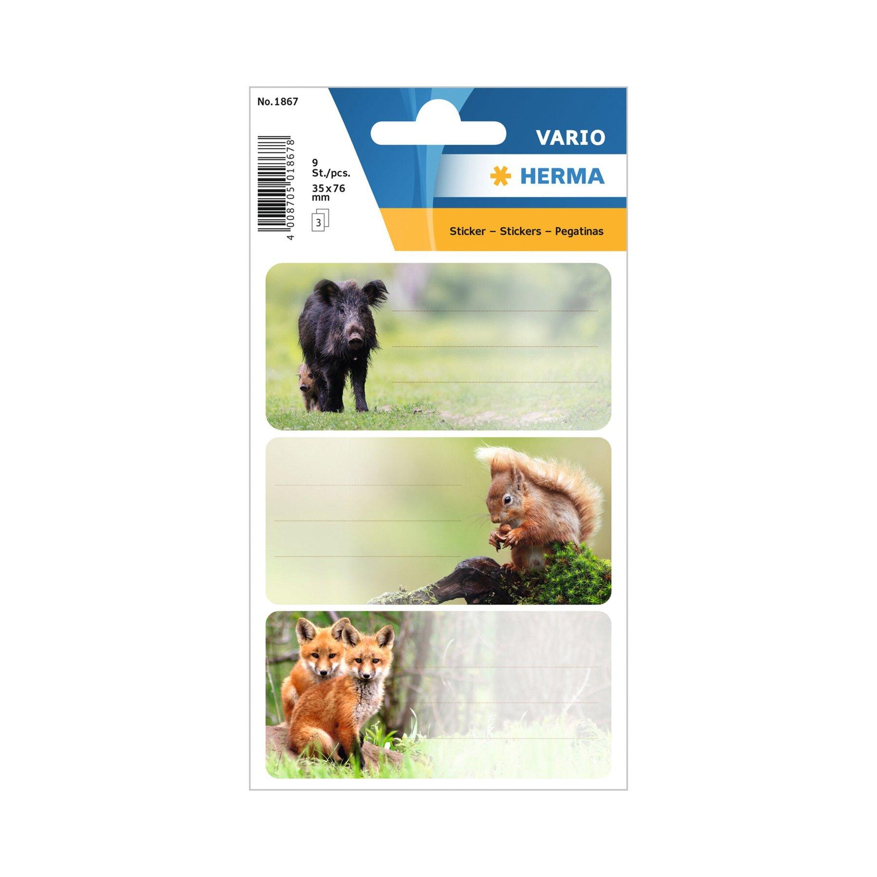 Herma Самозалепващи се етикети Горски животни, ученически, 9 броя