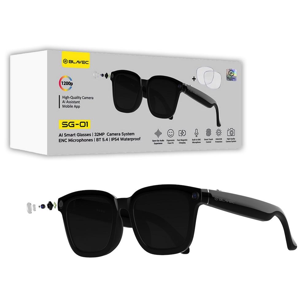Смарт слънчеви очила с вграден AI асистент и камера - Blavec AI Smart Glasses SG-01 (черен) | JAR Computers Смарт слънчеви очила с вграден AI асистент и камера - Blavec AI Smart Glasses SG-01 (черен)