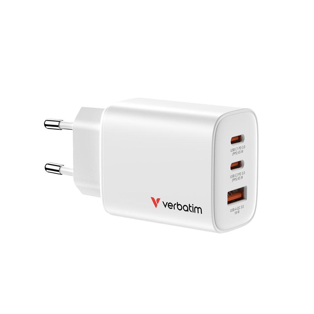 Зарядно устройство Verbatim Essentials, GaN, 65 W, бяло | JAR Computers Зарядно устройство Verbatim Essentials, GaN, 65 W, бяло