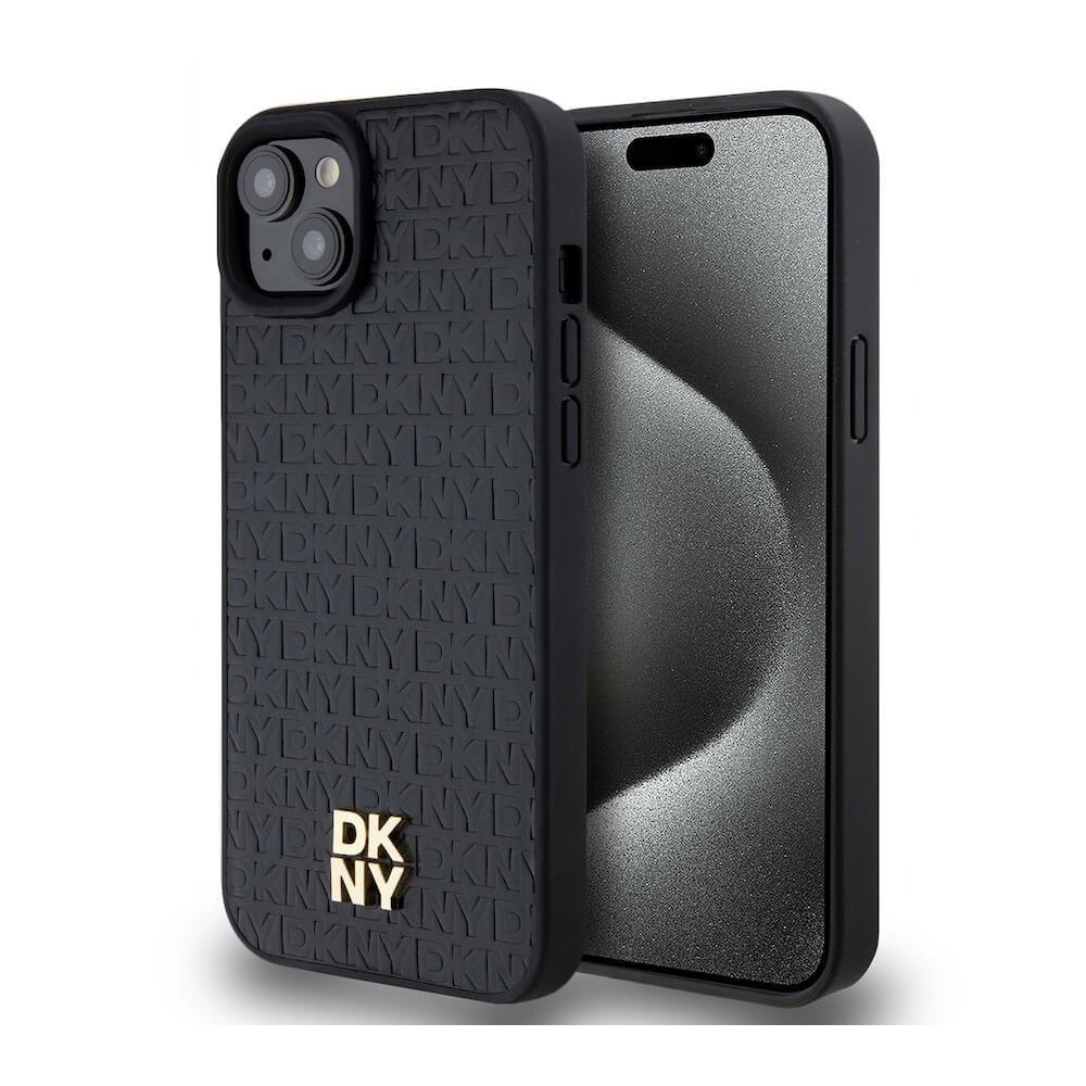 DKNY Repeat Pattern Stack Logo MagSafe Leather Hard Case - дизайнерски кожен кейс с MagSafe за iPhone 13 (черен)