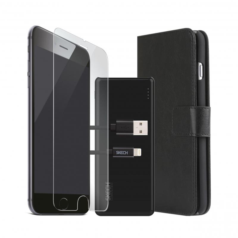 Комплект кожен калъф, стъклено защитно покритие, външна батерия и Lightning USB кабел за iPhone 7, iPhone 8, iPhone SE (2020), iPhone SE (2022) - Skech Bundle Pack (черен) | JAR Computers Комплект кожен калъф, стъклено защитно покритие, външна батерия и Lightning USB кабел за iPhone 7, iPhone 8, iPhone SE (2020), iPhone SE (2022) - Skech Bundle Pack (черен)