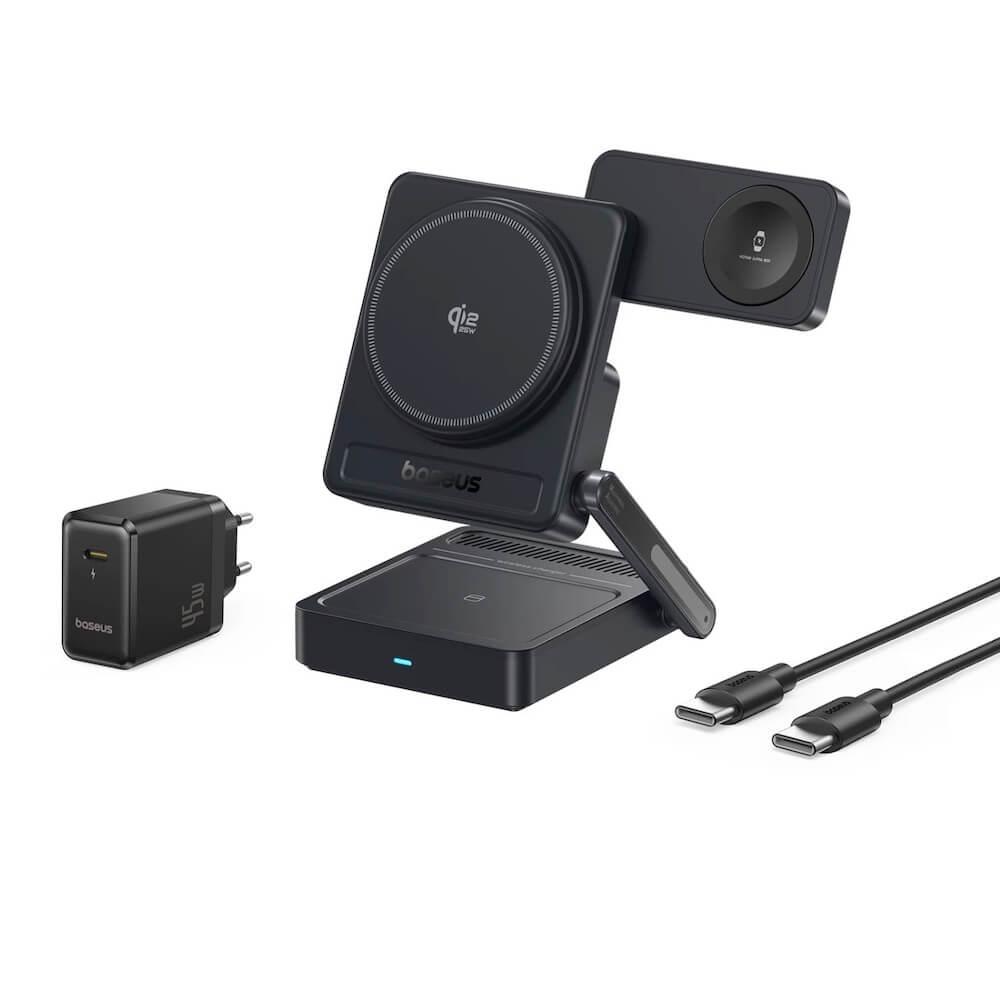 Тройна поставка (пад) за безжично зареждане за iPhone с MagSafe, Apple Watch и AirPods - Baseus PicoGo AF21 3-in-1 Qi2.2 Magnetic Wireless Charging Stand 35W | JAR Computers Тройна поставка (пад) за безжично зареждане за iPhone с MagSafe, Apple Watch и AirPods - Baseus PicoGo AF21 3-in-1 Qi2.2 Magnetic Wireless Charging Stand 35W