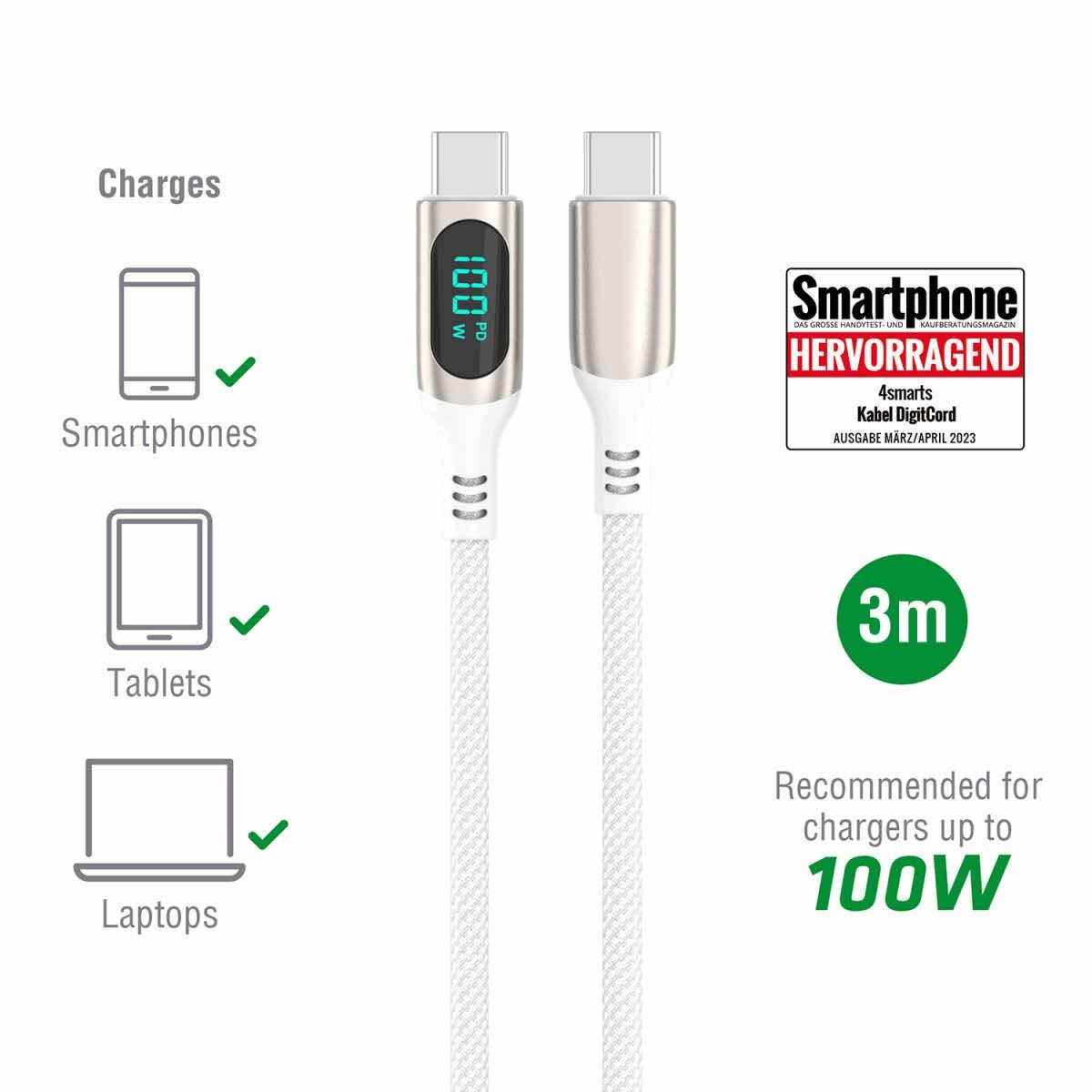 4smarts DigitCord USB-C to USB-C 100W Cable - здрав кабел с въжена оплетка и дисплей, за зареждане на устройства с USB-C порт (300 см) (бял)