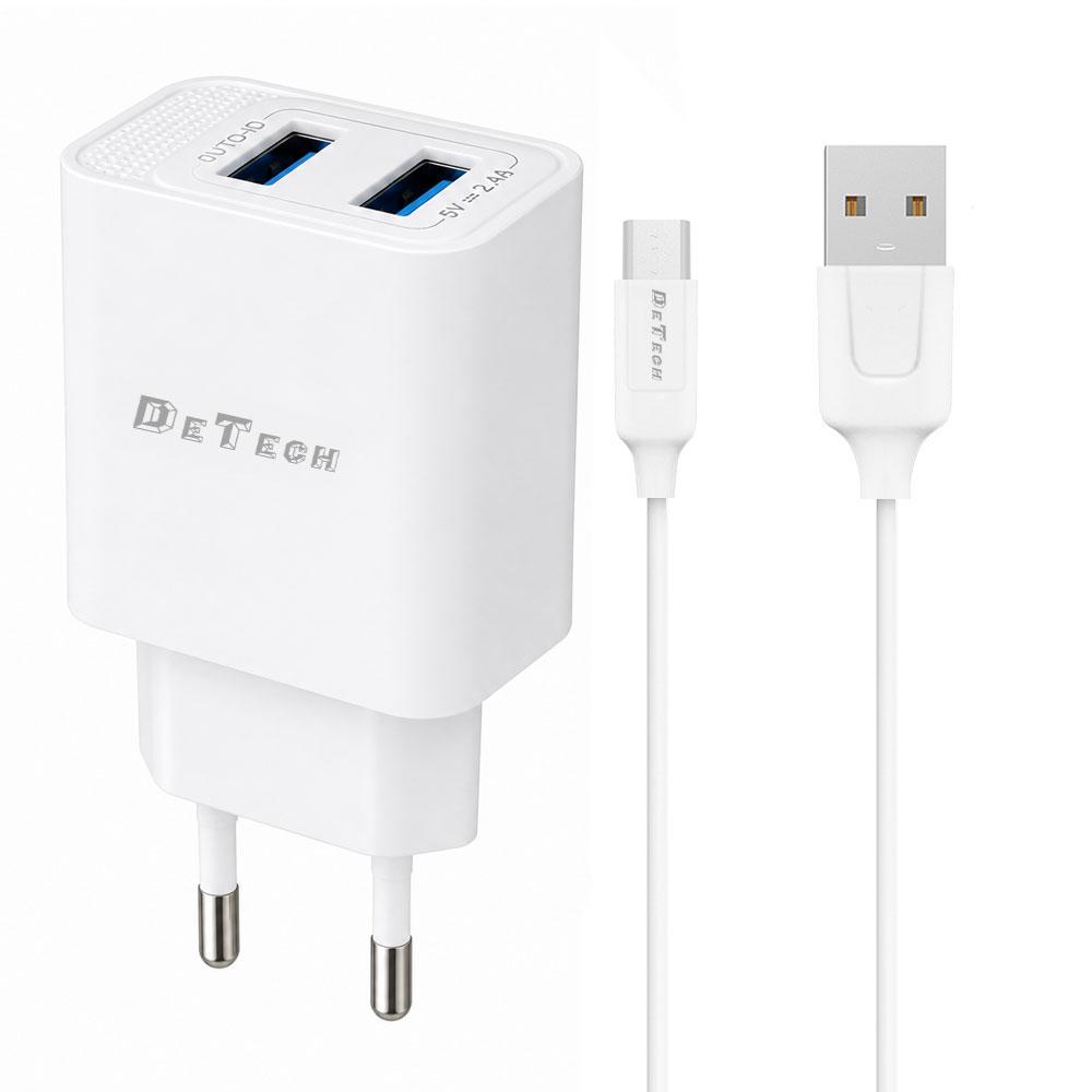 Мрежово зарядно устройство DeTech DE-59C, 5V/2.4A, 220V, 2 x USB, с Type-C кабел, 1.0m, Бял - 40542 | JAR Computers Мрежово зарядно устройство DeTech DE-59C, 5V/2.4A, 220V, 2 x USB, с Type-C кабел, 1.0m, Бял - 40542