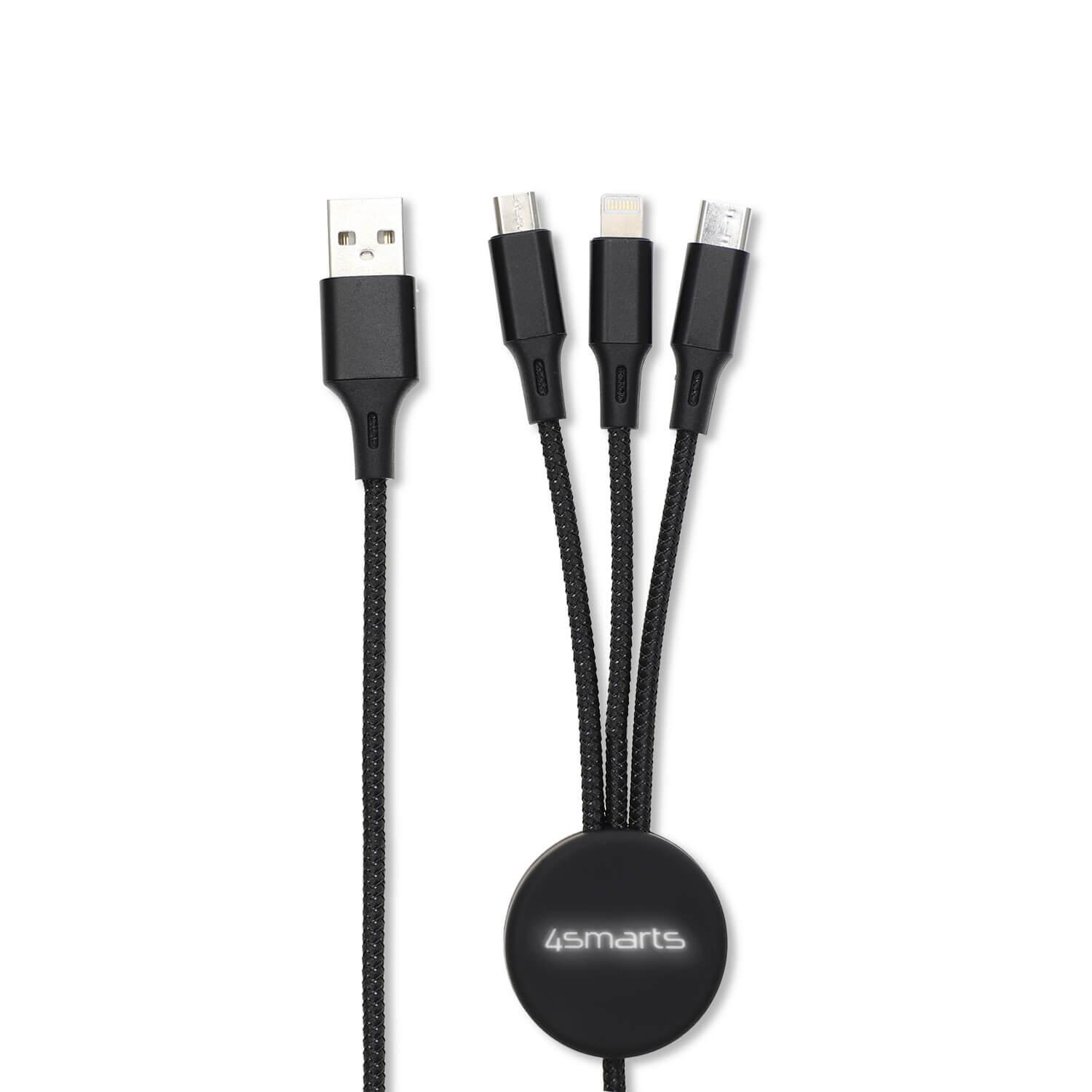 Качествен светещ многофункционален кабел за microUSB, Lightning и USB-C стандарти (100см) - 4smarts 3in1 Cable GlowCord 1m fabric (черен) | JAR Computers Качествен светещ многофункционален кабел за microUSB, Lightning и USB-C стандарти (100см) - 4smarts 3in1 Cable GlowCord 1m fabric (черен)
