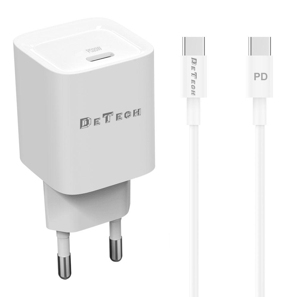 Мрежово зарядно устройство DeTech DE-61C, 20W, 1 x Type-C F, PD, С кабел Type-C - Type-C, 1.0m, Бял - 40546 | JAR Computers Мрежово зарядно устройство DeTech DE-61C, 20W, 1 x Type-C F, PD, С кабел Type-C - Type-C, 1.0m, Бял - 40546