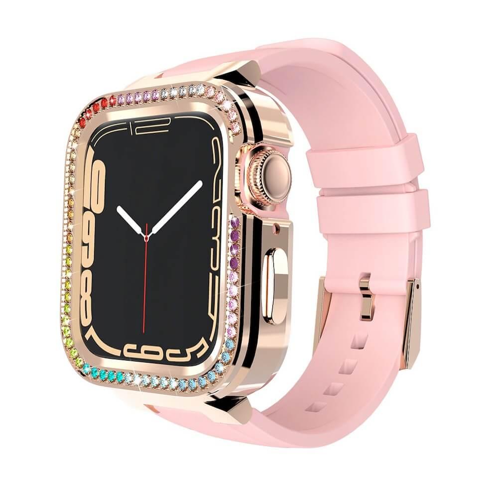 Алуминиев кейс с кристали и вградена силиконова каишка за Apple Watch 40мм, 41мм - Kingxbar Starry Series Strap With Case (златист-розов) | JAR Computers Алуминиев кейс с кристали и вградена силиконова каишка за Apple Watch 40мм, 41мм - Kingxbar Starry Series Strap With Case (златист-розов)