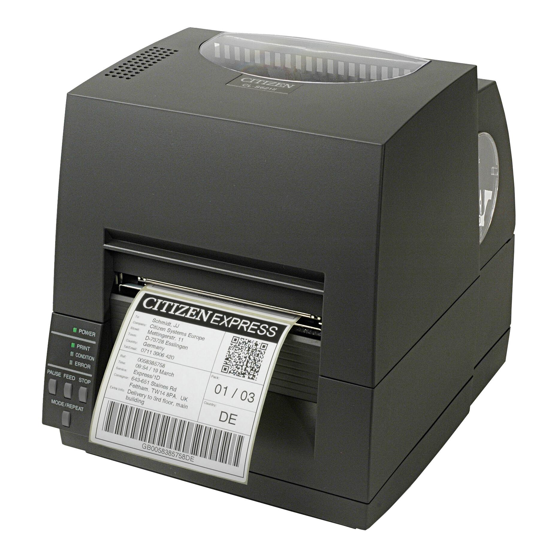 Citizen Label Industrial printer CL-S621II TT+DP, Speed 150mm/s, Print Width 4"(104mm)/Media Width min-max (25.4-118.1mm)/Roll Size max 125mm, Ext. diam.200mm,Core Size 25mm,203dpi/USB/RS-232+Opt.card/Plug (EU) Black + Citizen Mobile printer CMP-20II BT