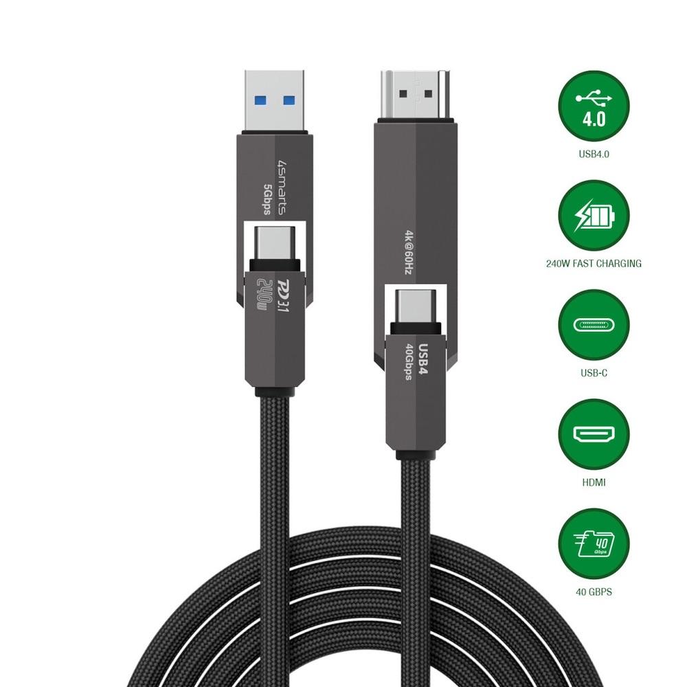 Качествен USB-C към USB-C кабел и USB-C към USB-C адаптер - 4smarts ComboCord USB4 HDMI USB-C to USB-C Adapter Cable 240W (черен) (150 см) | JAR Computers Качествен USB-C към USB-C кабел и USB-C към USB-C адаптер - 4smarts ComboCord USB4 HDMI USB-C to USB-C Adapter Cable 240W (черен) (150 см)