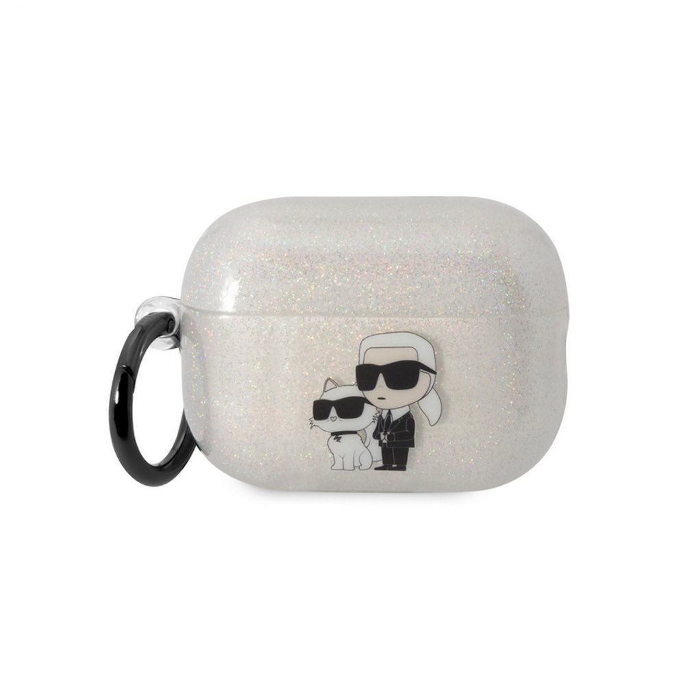 Karl Lagerfeld AirPods Pro 2 Glitter 3D Logo NFT Karl and Choupette Silicone Case - силиконов калъф с карабинер за Apple AirPods Pro 2 (бял)