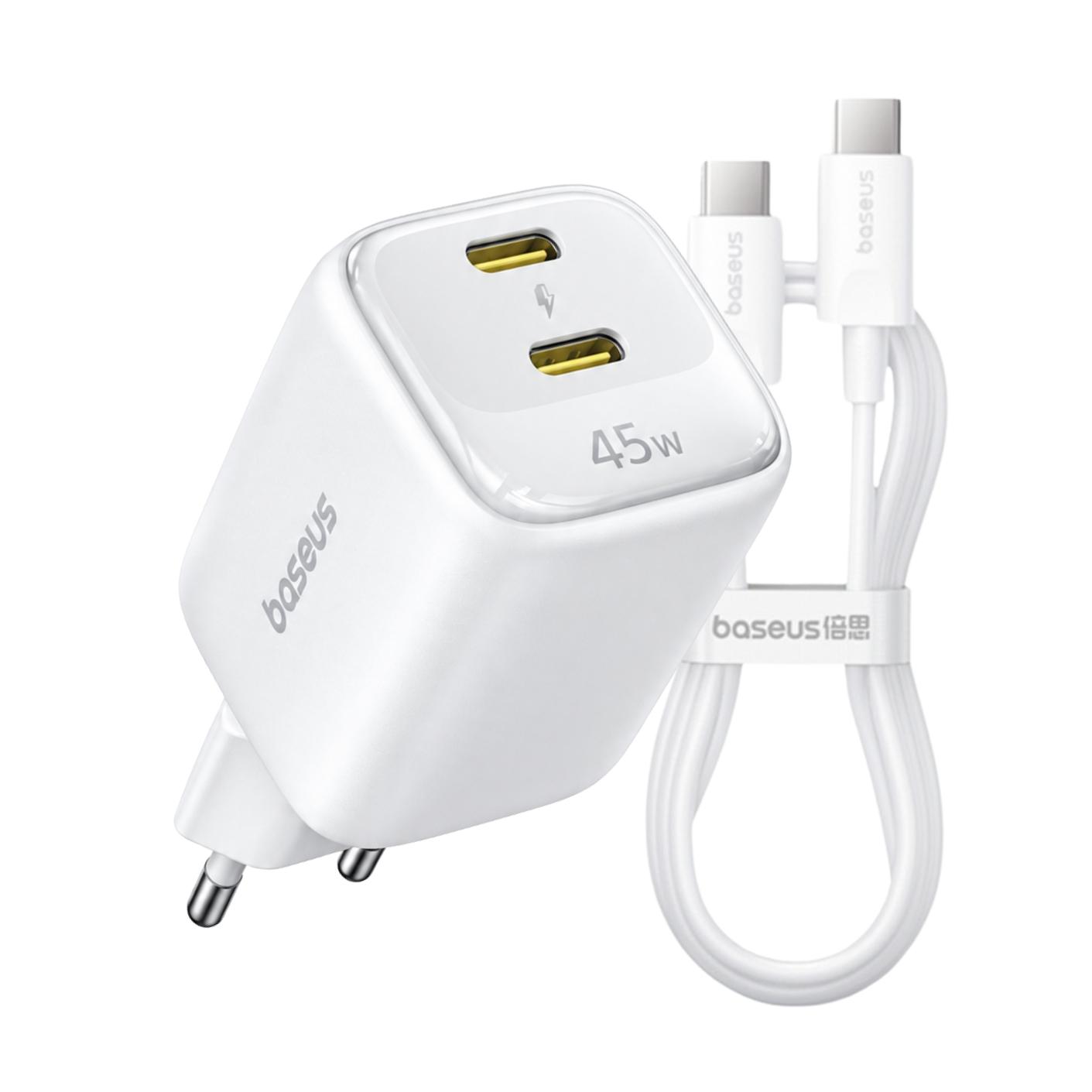 BASEUS 220V 45W, GaN6, 2 x USB-C + кабел Type-C- Type-C, EnerFill FE22 /бял/ - E0125703 | JAR Computers BASEUS 220V 45W, GaN6, 2 x USB-C + кабел Type-C- Type-C, EnerFill FE22 /бял/ - E0125703